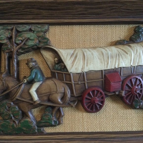 Vintage 3D Faux Wood Carved Horse Buggy Wall Hanging Retro Décor - Picture 6 of 7